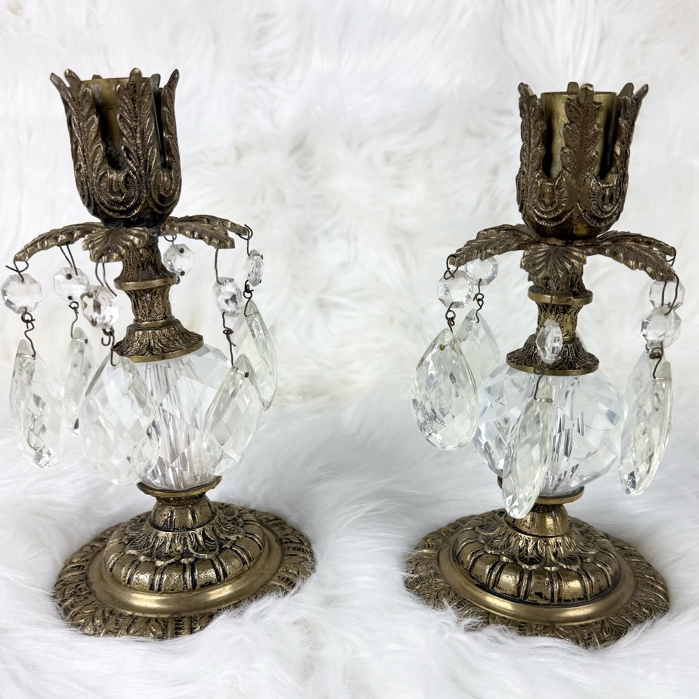 Vintage Bronze Hollywood Regency Candle holders with Crystal Teardrop Pendants